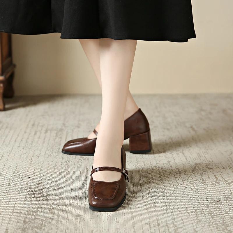 Fashion 2025 Shoes for Women Mary Janes Women's High Heels Retro Dress Pumps Women Square Toe Chunky Heels Buckle Strap Shoes Ladies