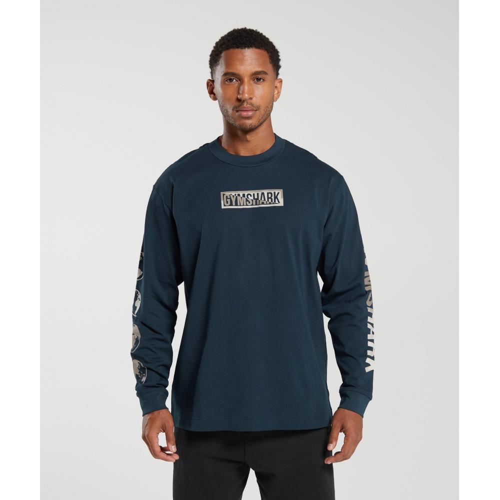 

GYMSHARK Global Графический футболка с длинным рукавом Темно-синяя A5A3O UB9P