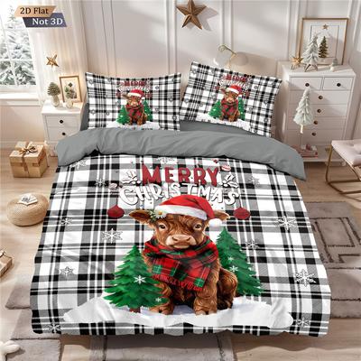 3pcs Checkered Christmas Highland Cow Print Coreless Bedding Set Multi Size Bedroom Duvet Cover Decoration  Machine Washable