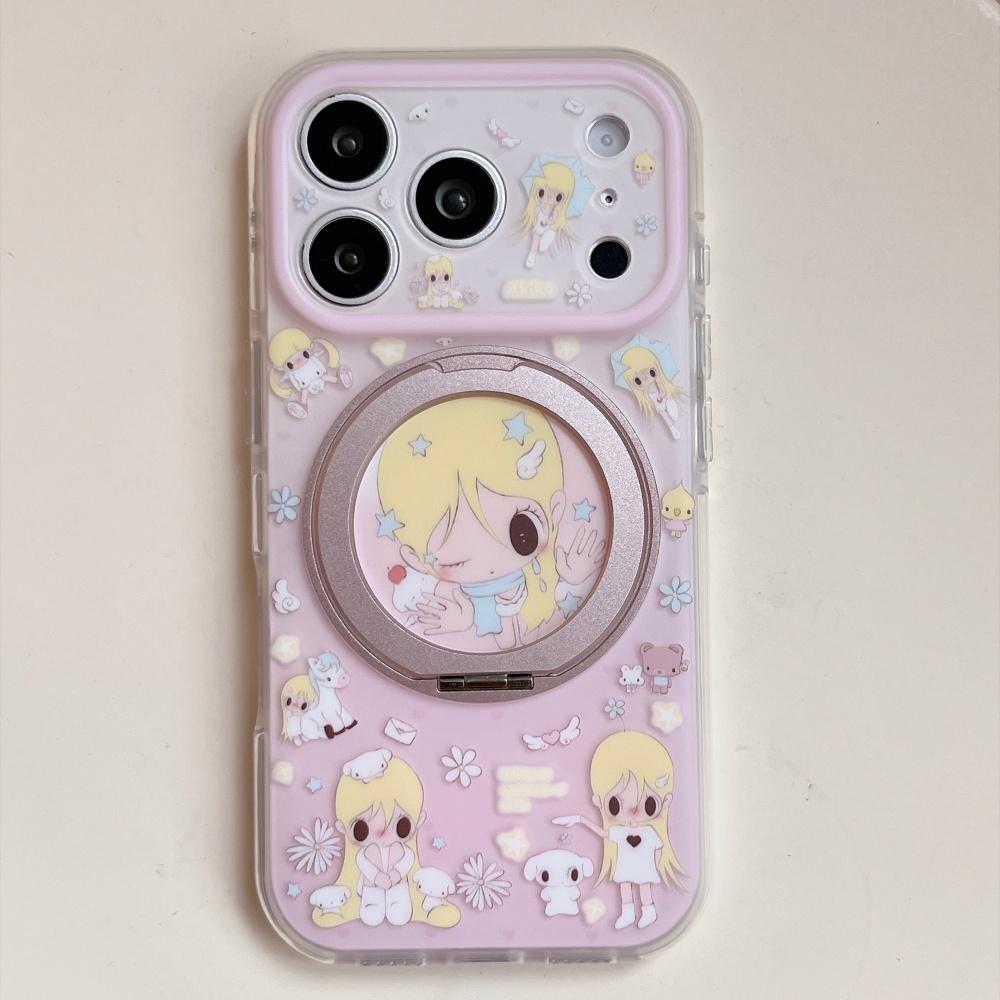 Kawaii Sweet Pink Cartoon Girl Print Phone Case for iPhone 17 16 Pro 15 16 17 Pro Max Cute Shockproof Case with Magnetic Holder