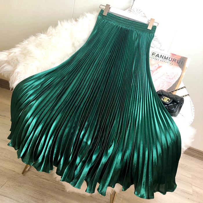 Women Reflective Bright Satin Long Skirt with Solid Color Pleated A-Line Skirts for Fall