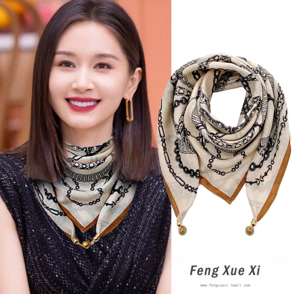 Magnetic buckle triangular small square scarf silk scarf women's spring and autumn summer shirt neck protection scarf thin scarf 71x71