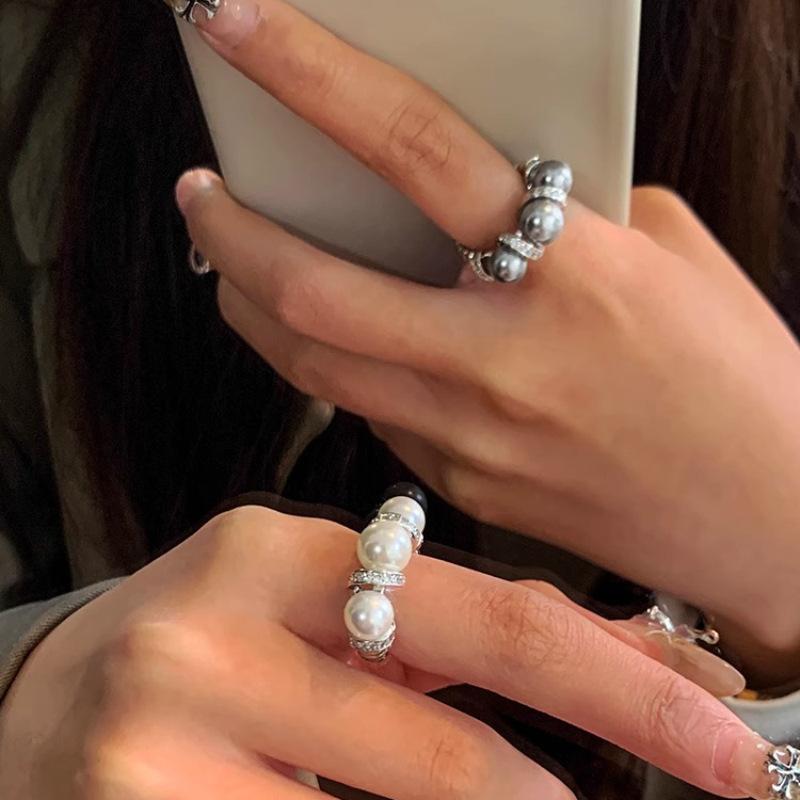 Fashion Light luxury style grey pearl ring light luxury High Quality silver rings for women party wedding fine