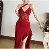 Sexy Skew-collar Sling Dress Women Lace Patchwork Backless Sleeveless Slim Long Dresses 2025 New Lady Ruffle Split Party Dress