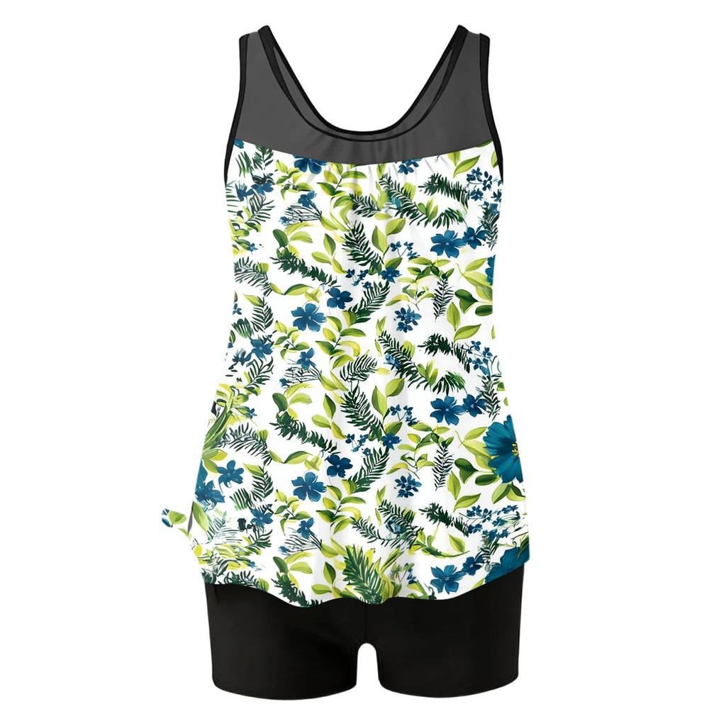 Women’s Two Piece Tankini Set with Floral Print Sleeveless Top and Solid Shorts for Beach Pool Swimwear
