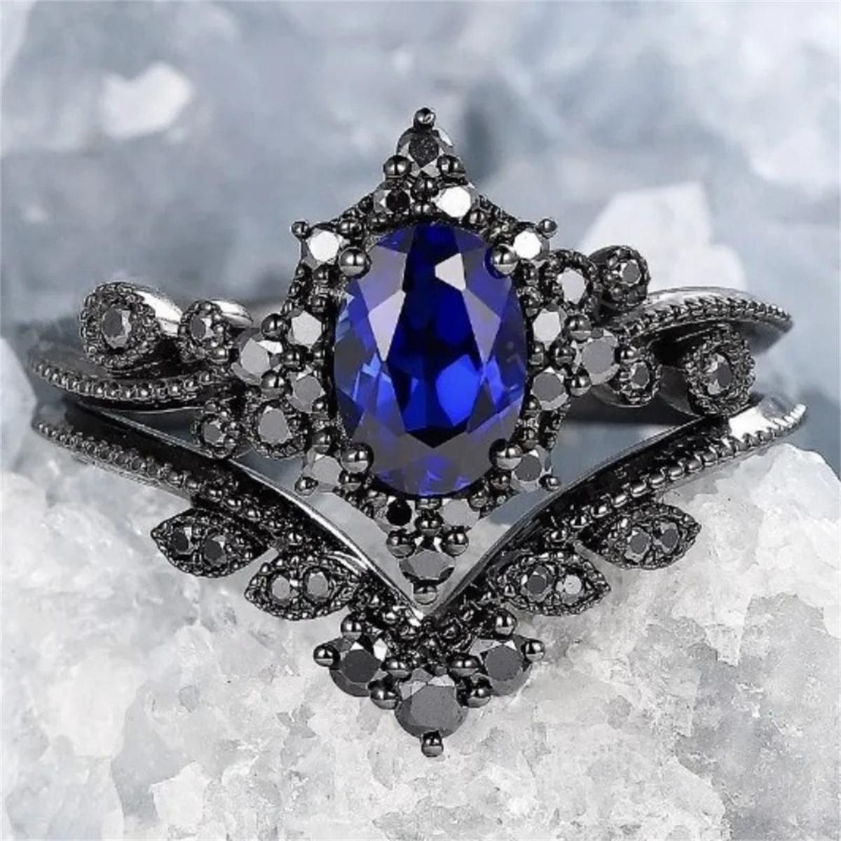 

2 шт./набор Модные кольца черного и золотого цвета с синими стразами и цирконом для женщин, кольца с кристаллами, свадебные украшения для помолвки, подарки 10