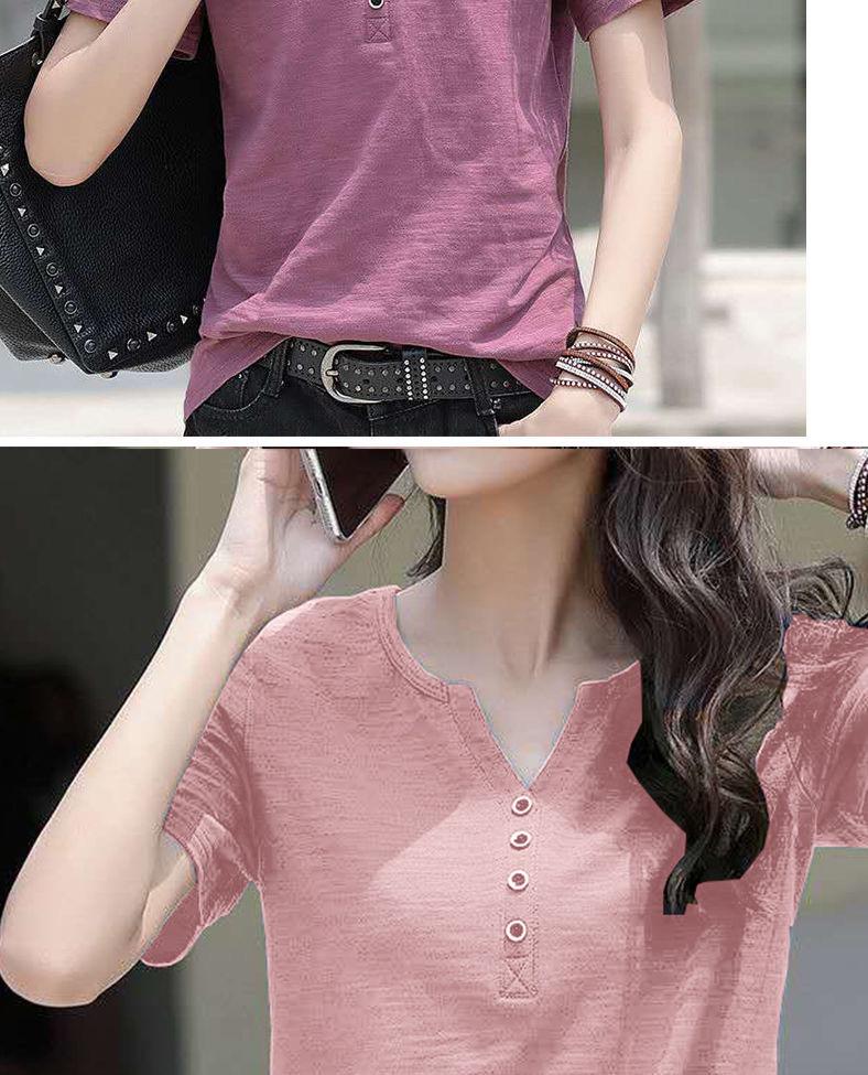 Women's 2024 Summer Plus-Size Retro V-Neck Short-Sleeve T-Shirt - Solid Color, Simple, Versatile, and Trendy.
