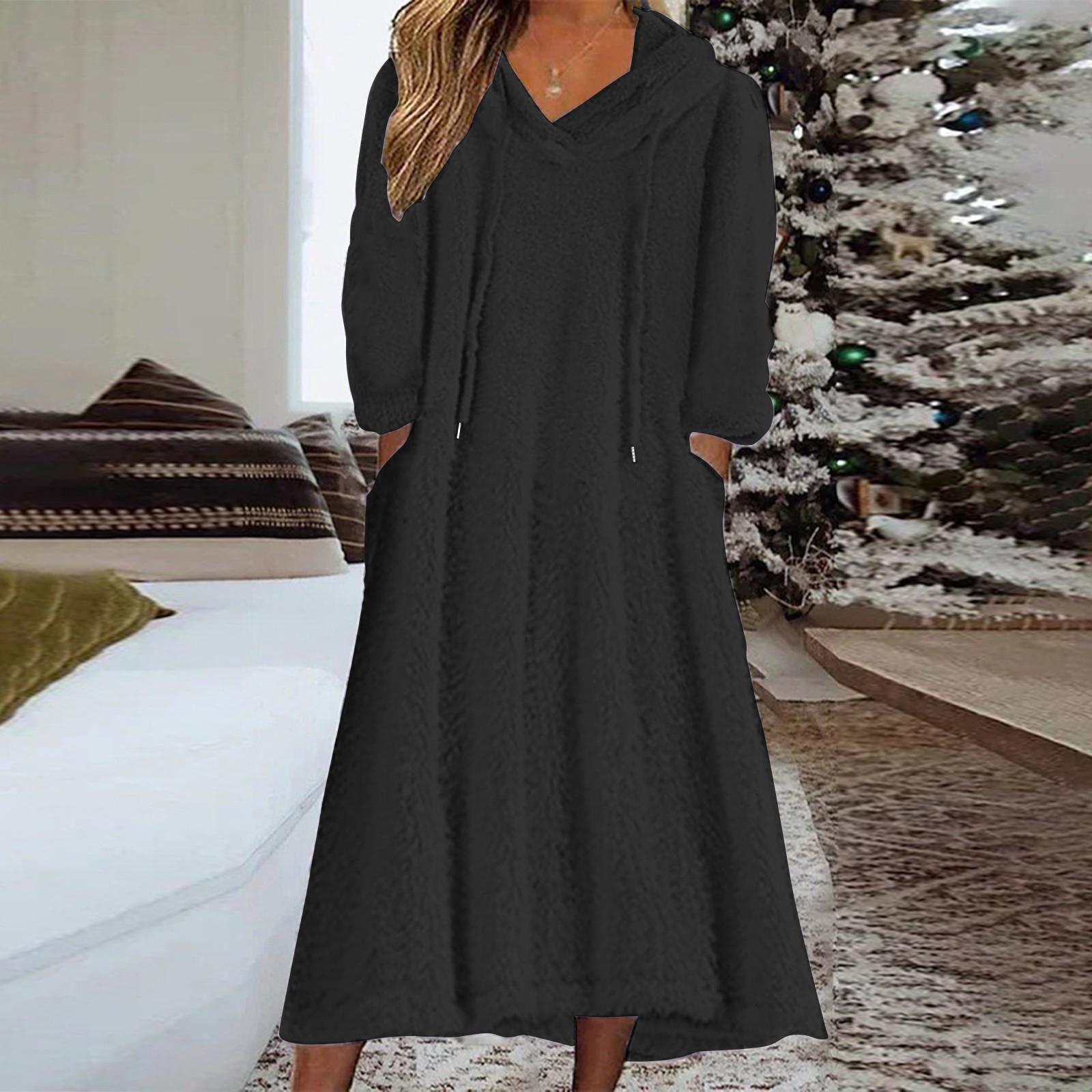 Women s Casual Round Neck Long Sleeved Pullover Loose Wool Hooded Long Sleeved Dress M чёрный