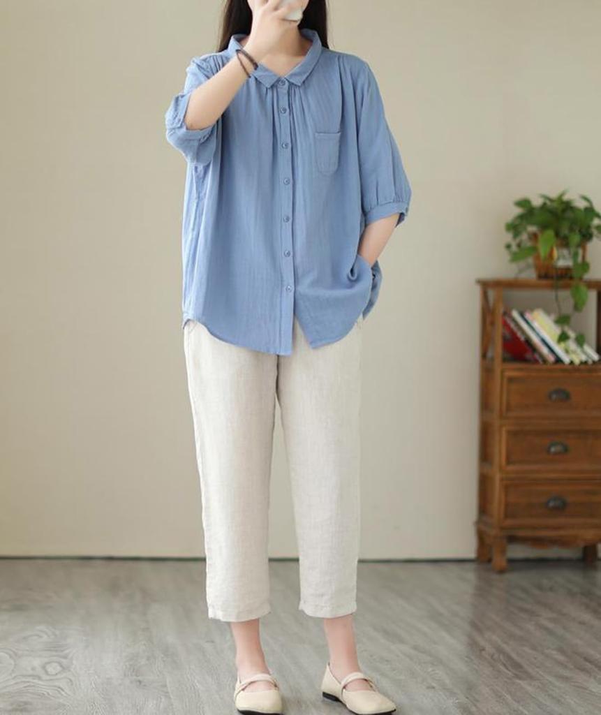 Short Loose Large Size [JHIJSC] Women's Shirt, Sleeve, Summer, Cotton, Fit, 3/4 Sleeve, Slimming, Plain, Stylish, (JP, Alphabet, L, Green)