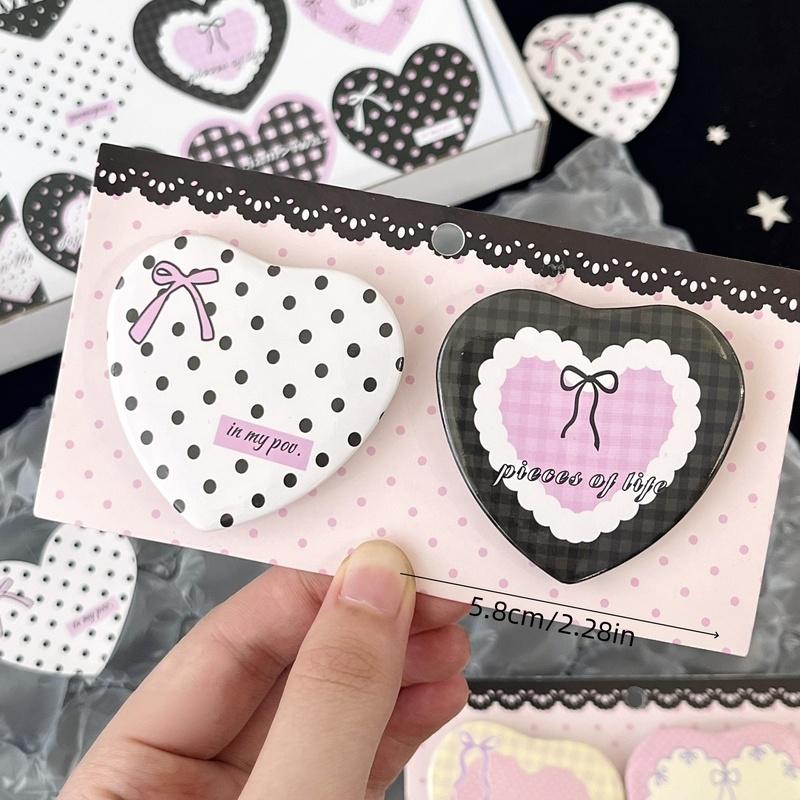 2pcs/set Cute Heart Shape Pins Sweet Bow Polka Dot Plaid Heart Kawaii Badges for Backpack Clothing Shcool Bag Pencil Case Decor