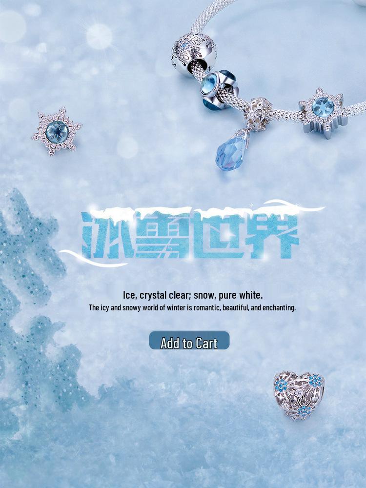 Sterling Silver Snowflake Ice Crystal Pendant Bracelet with Light Blue Zircon and Platinum Plating