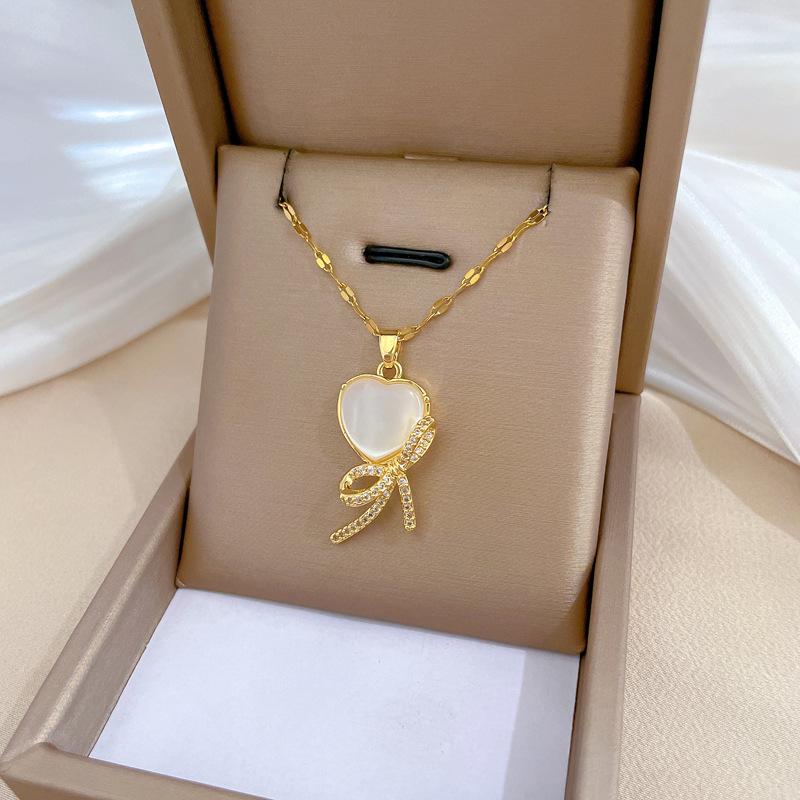 Bow Light Luxury Temperament Gorgeous Full Diamond Necklace Women S Versatile Collarbone Chain Titanium Steel Chain