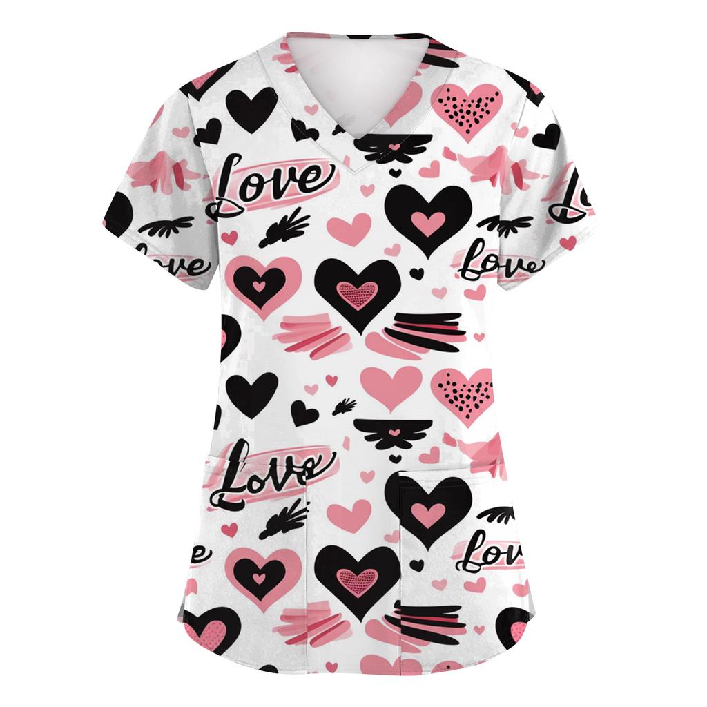 Damenmode Kurzarm Valentinstag-Print V-Ausschnitt Tasche Arbeitskleidung Top