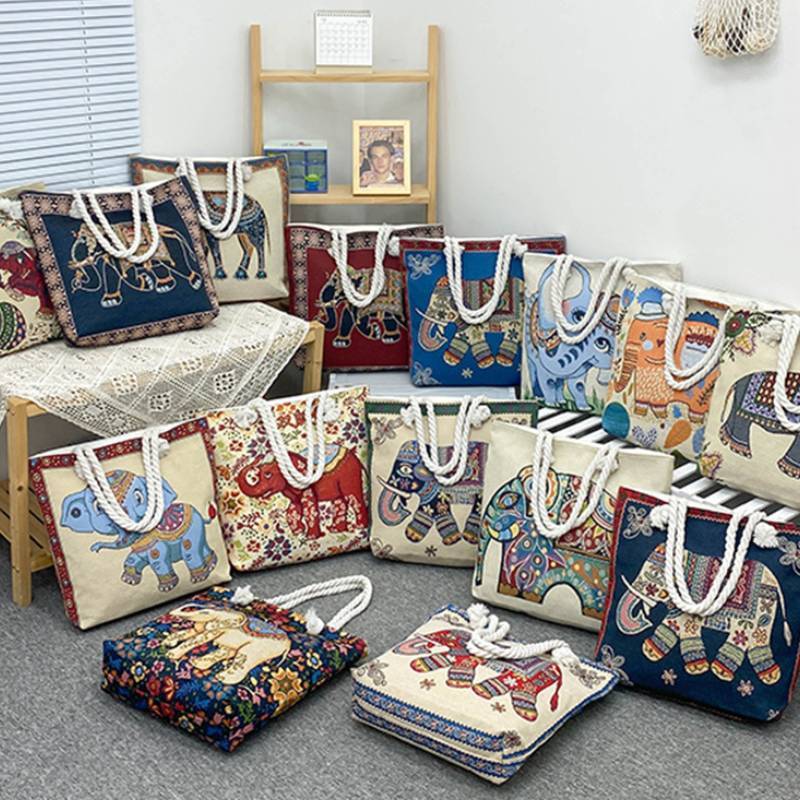 Ethnic Style Elephant Embroidered Canvas Shoulder Bag With Cotton Rope Strap For Casual Travel