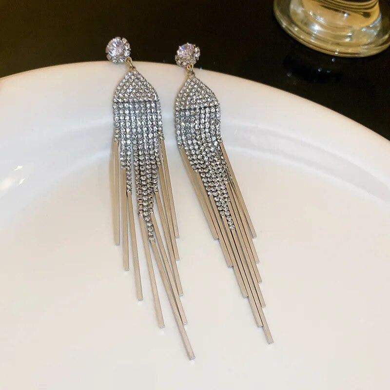 Inlaid Rhinestone Flowers Long Tassel Women Earrings Temperament Silver Needle Exaggerated Zircon Drop Earrings Sparkle Jewelry