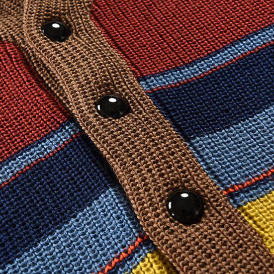 Color Matching Striped Loose Elastic Long Sleeve Lapel Single-breasted Buttons Men Fall Winter Knitted Cardigan Sweater Coat