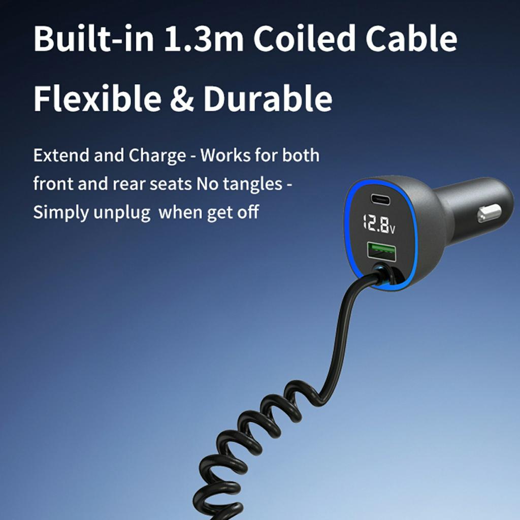 GE05 USB A + Type C Car Charger Voltage Display PD 65W Fast Charging Adapter with Retractable Cable