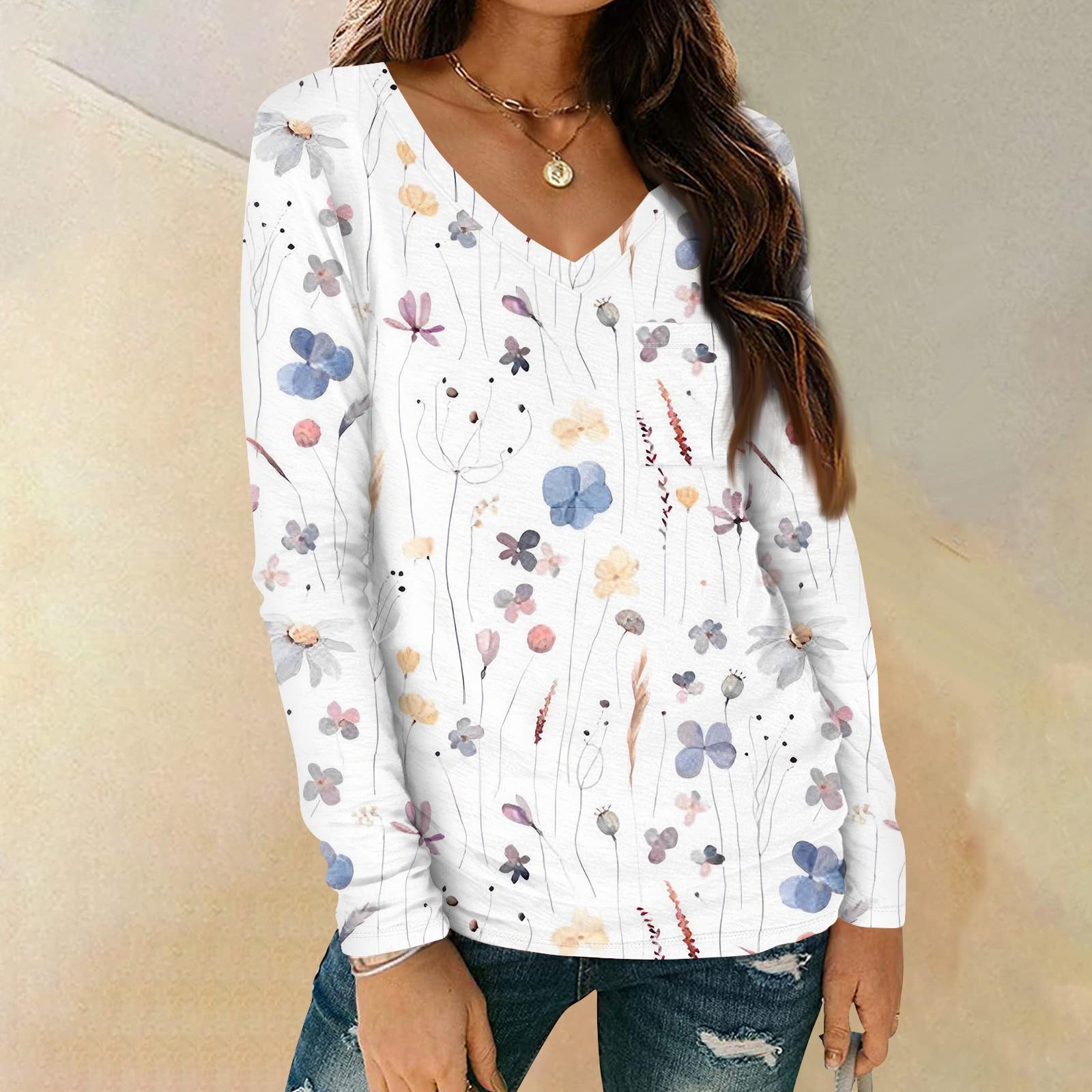 

Женская мода повседневная блузка с длинным рукавом и цветочным принтом, V-образным вырезом и карманами XL арбуз красный