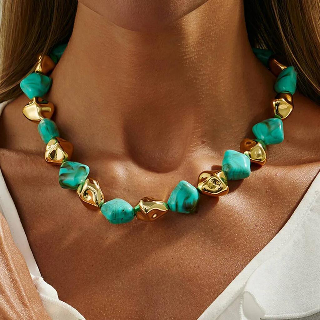 Salircon Boho Resin Acrylic Metal Beaded Necklaces Bracelets Set for Women Vintage Elegant Clavicle Choker Party Jewelry Gifts