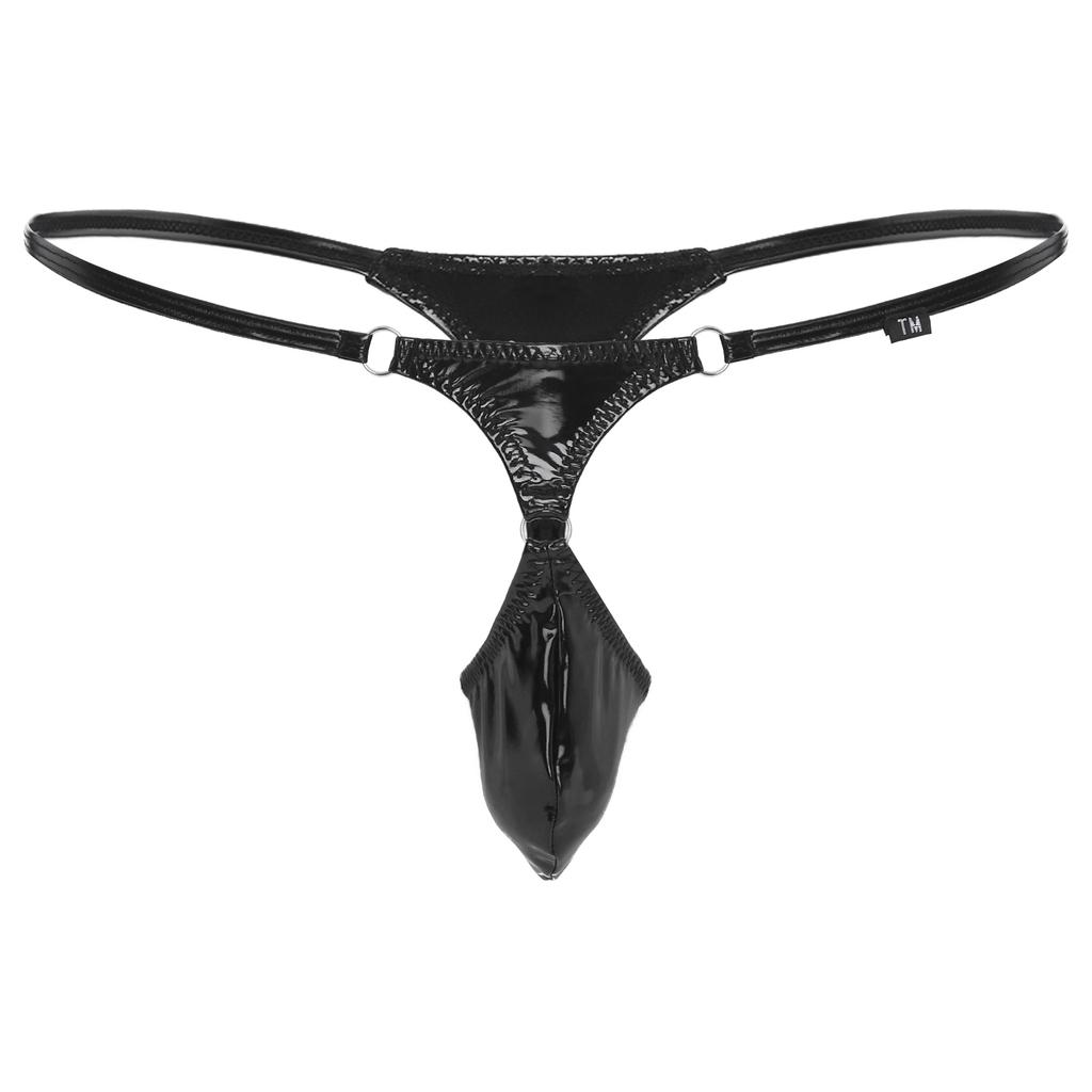 String pour homme en cuir verni noir aspect mouillé dos en T design fesses ouvertes taille basse sensuel clubwear