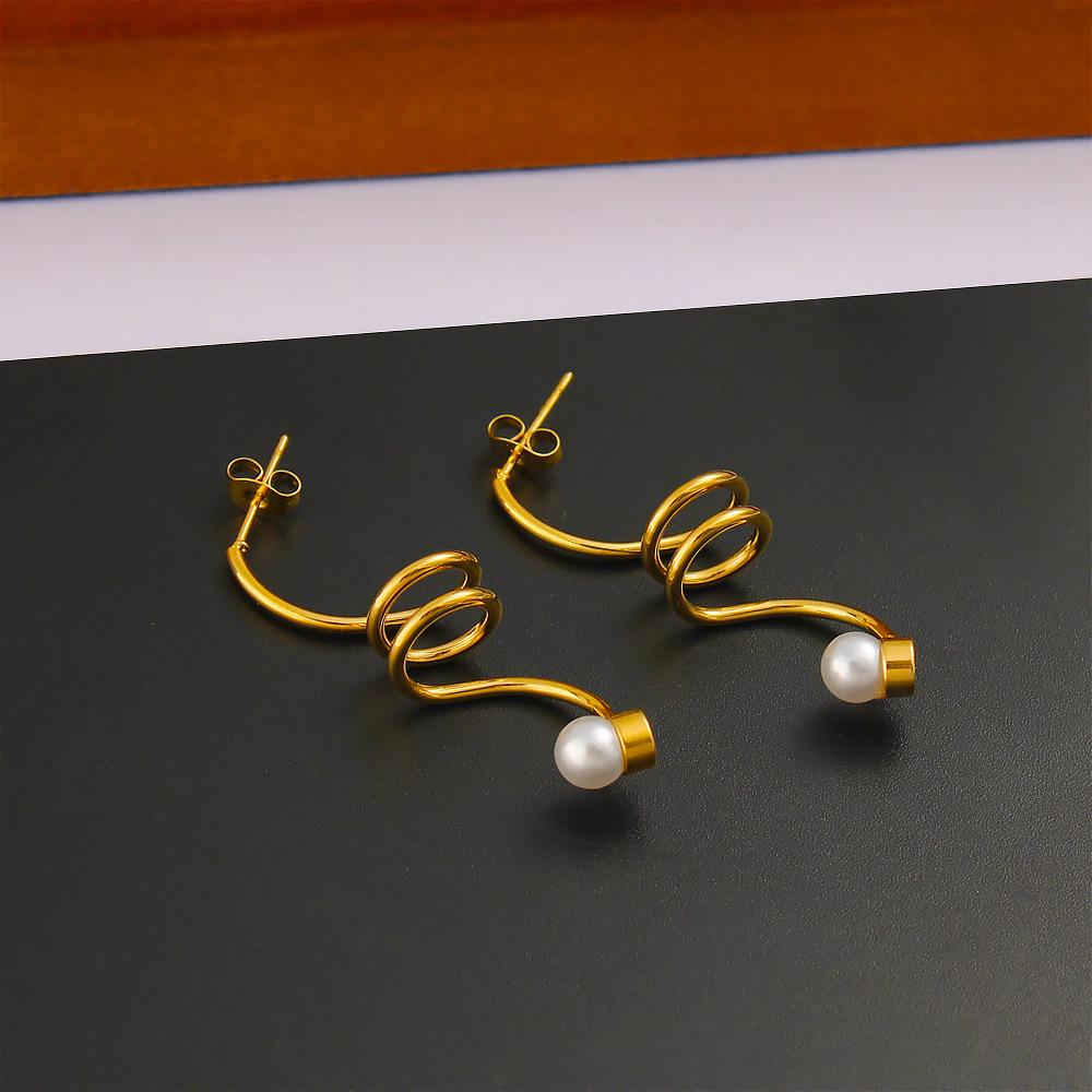 Fashionable Threaded Stainless Steel Pearl Earrings - Simple European & American Style