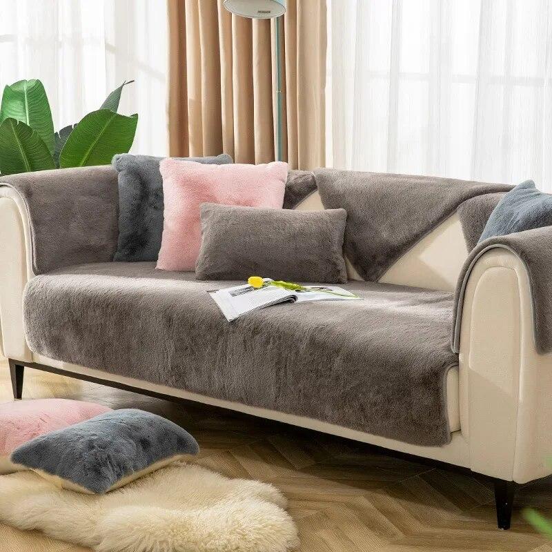 New Rabbit Plush Sofa Cushion Winter Style Anti-skid Thickened Sofa Cover Simple Modern Winter Light Luxury Style Cushion Cover