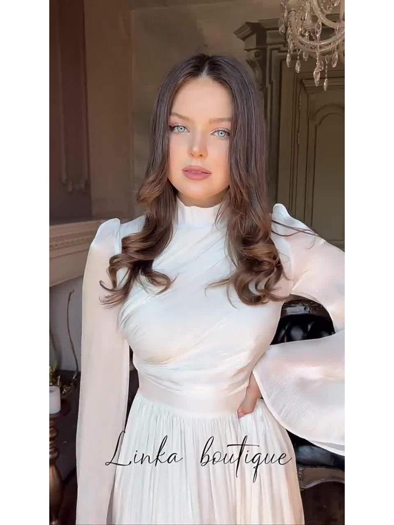 2025 European & American Style Women's Long White High-Neck Waist-Cinching Half-Sleeve Dress