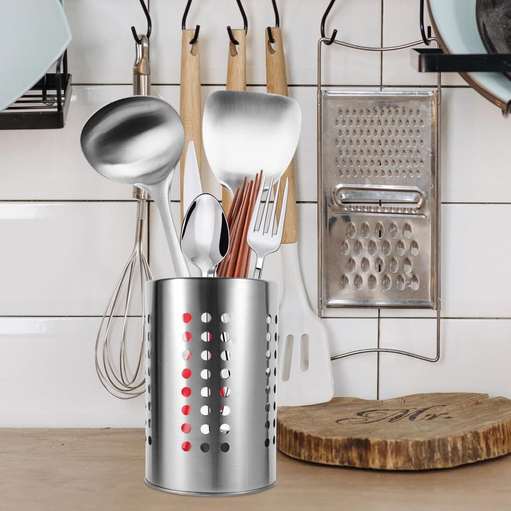 Stainless Steel Kitchen Utensil Holder Flatware Cylinder Silverware Draining Organizer Drying Rack with Round Drain Holes for Forks, Knives, Spoons,