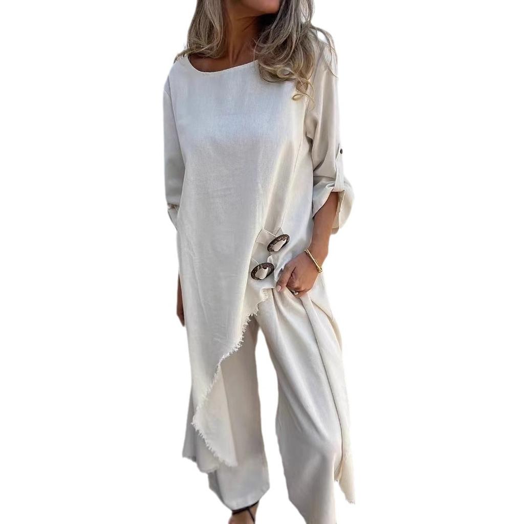 Long Sleeve Loose Crop Top with Wooden Toggle and Wide Leg Pants Set