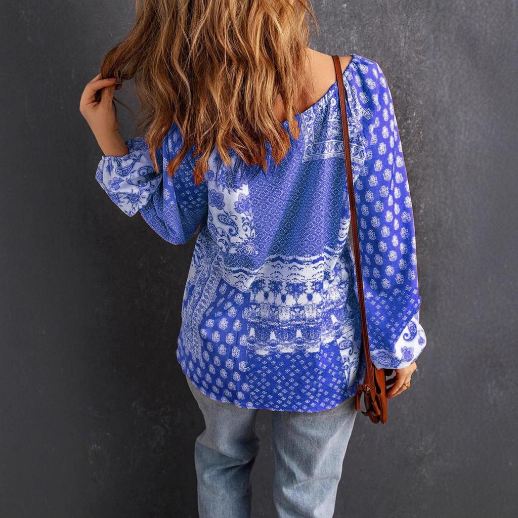 Women V Neck Casual Long Sleeve Floral Print Blouse Loose Fit Lightweight Pullover Top for Everyday Wear