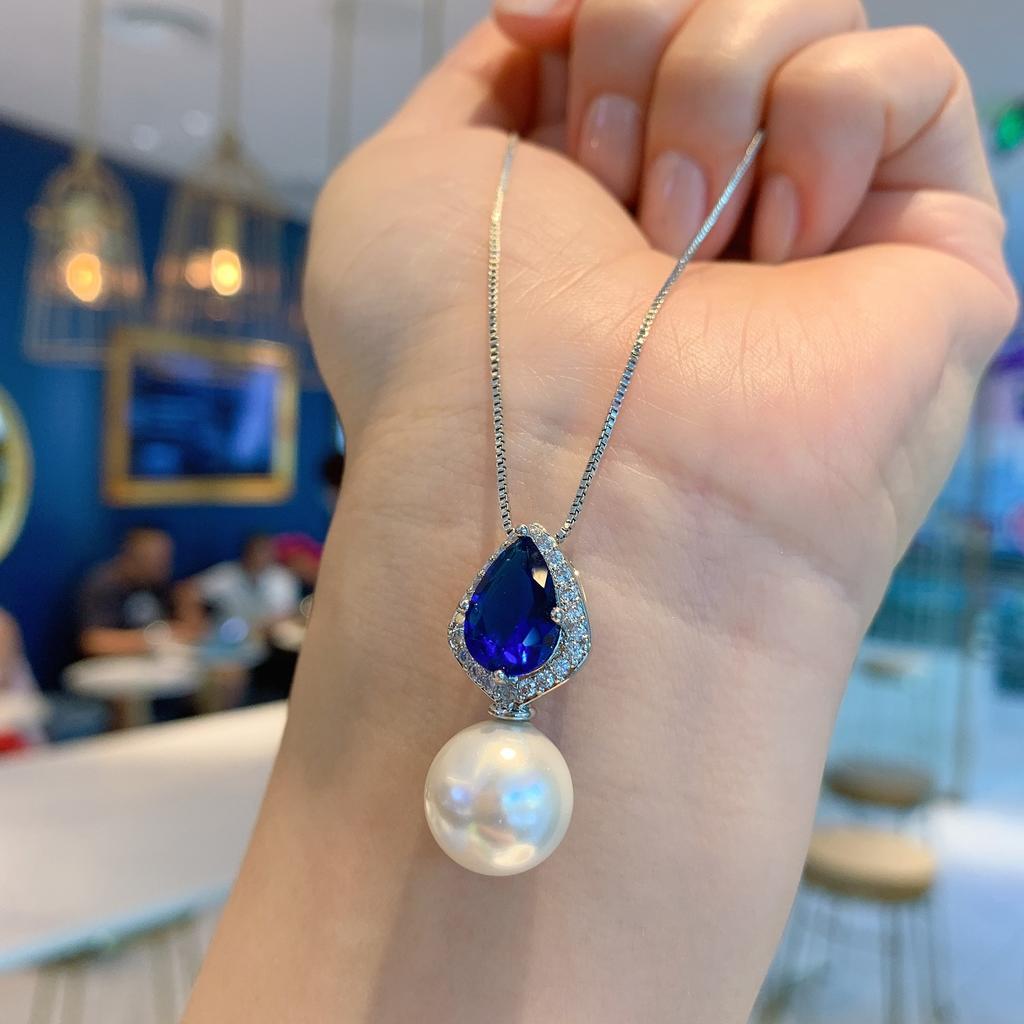 New S925 Silver Needle Jewelry Blue Treasure Pear Shaped Necklace Earrings Two Piece Set Internet Celebrity Instagram Fashion
