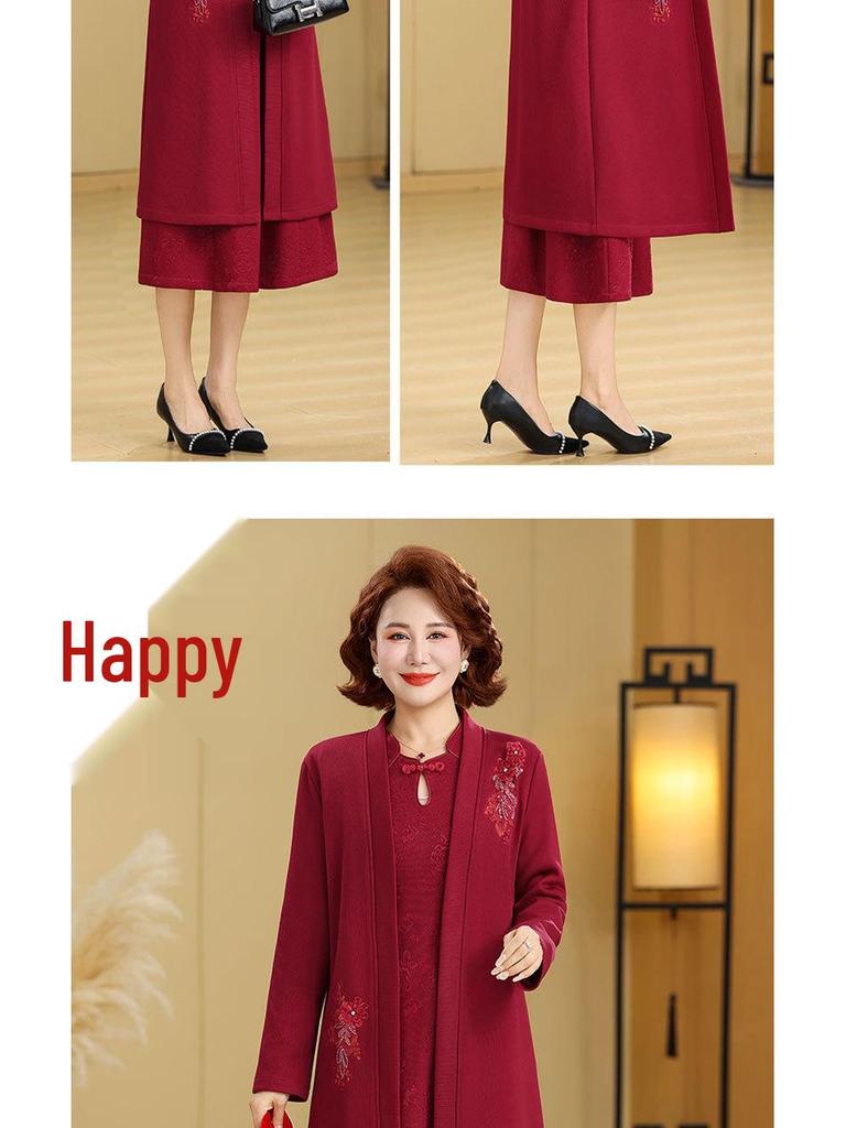 Winter Mother-in-law Wedding Outfit 2025: Velvet-Enhanced Dress Suit for Middle-Aged & Elderly Mothers.