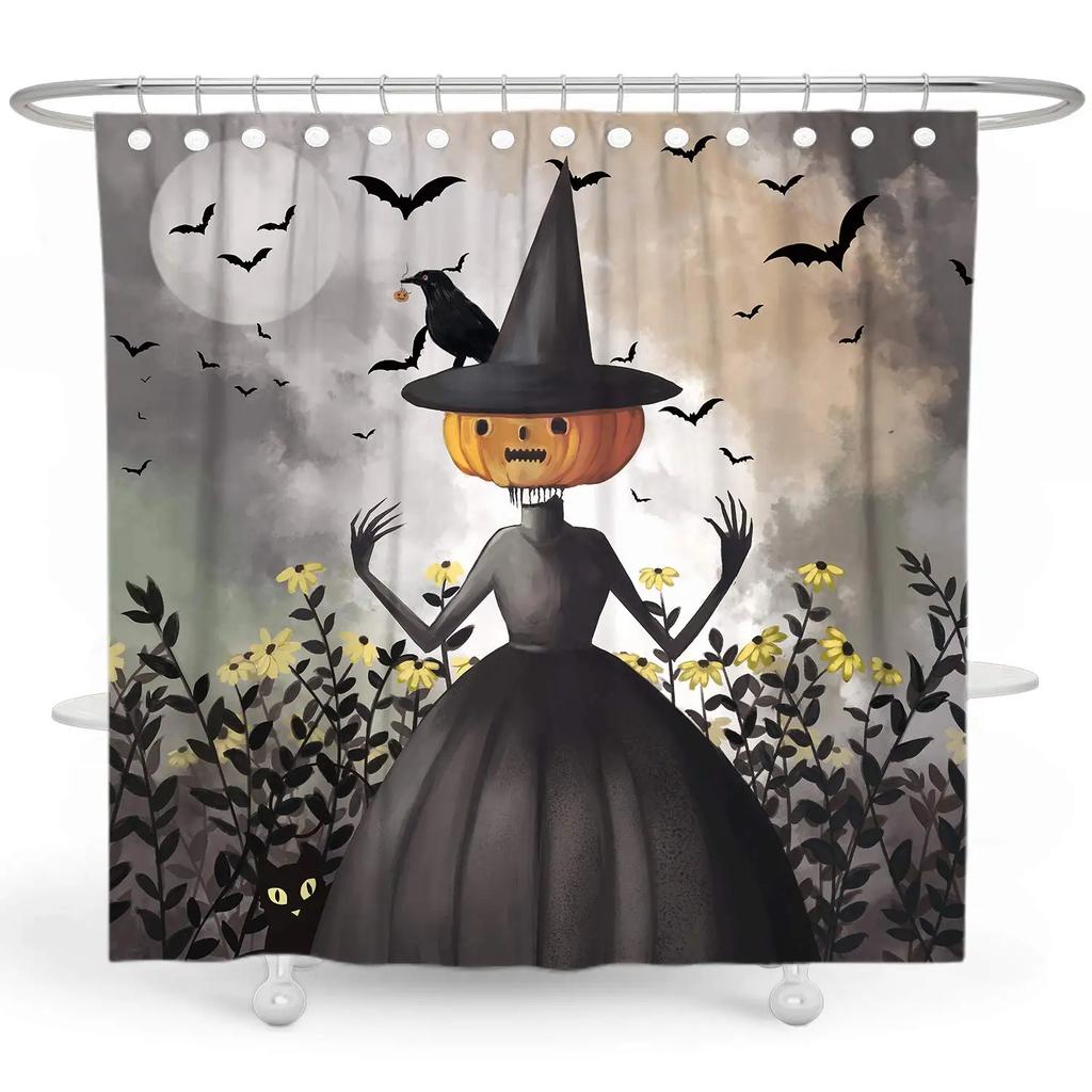 Autumn Fall Shower Curtains Brown with Thanksgiving Harvest Pumpkin Bathroom Curtain for Halloween Party Home Decor with Hooks