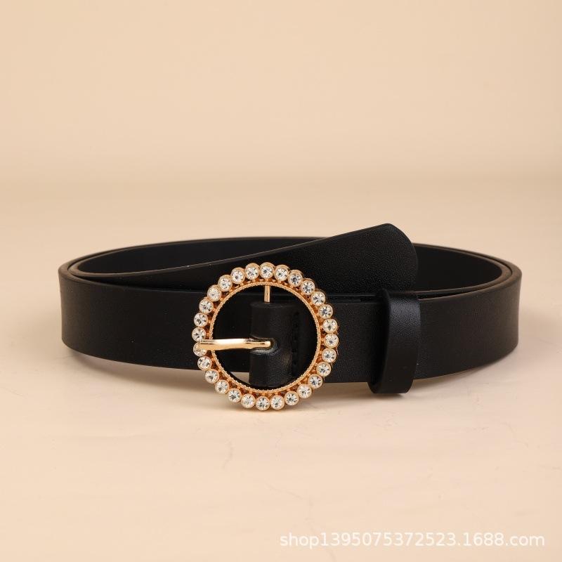 Mei New arrival belt women s fashion inlaid rhinestone round buckle retro decorative dress belt 105cm