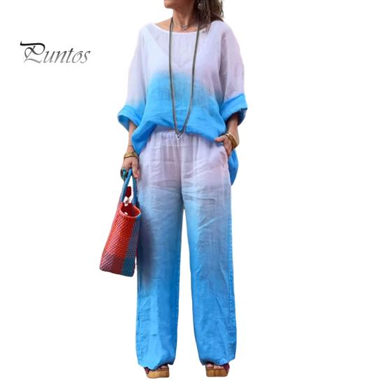 

2 шт./компл. женская футболка и брюки комплект домашней одежды наряд градиентного контрастного цвета с круглым вырезом и длинными рукавами топ с широкими штанинами и эластичной резинкой на талии свободные брюки пижамы 2XL небесно-голубой