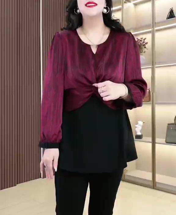 

Весенняя блузка из искусственного шелка с дизайном перекручивания, с длинным рукавом, большого размера, для женщин среднего возраста L красный