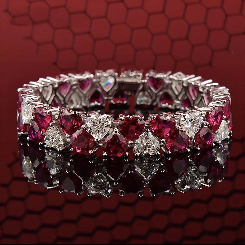 Longlongjin 2024 New Red & White Double Heart Full Diamond Women's Bracelet - Elegant & Fashionable Style