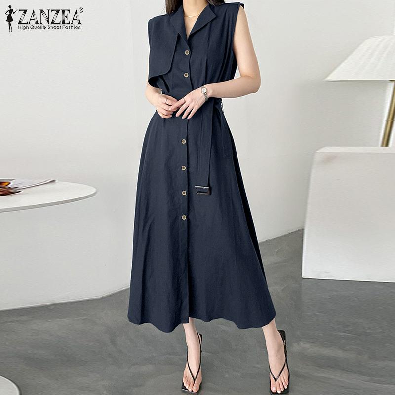 

ZANZEA Женское повседневное летнее длинное платье без рукавов с отложным воротником