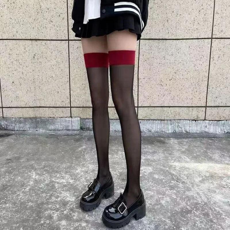 

Sexy Red Edge New Over The Knee Long Socks Gothic Lace Transparent Thigh High Stockings Women Punk JK Thin Silk Solid Hosiery One Size