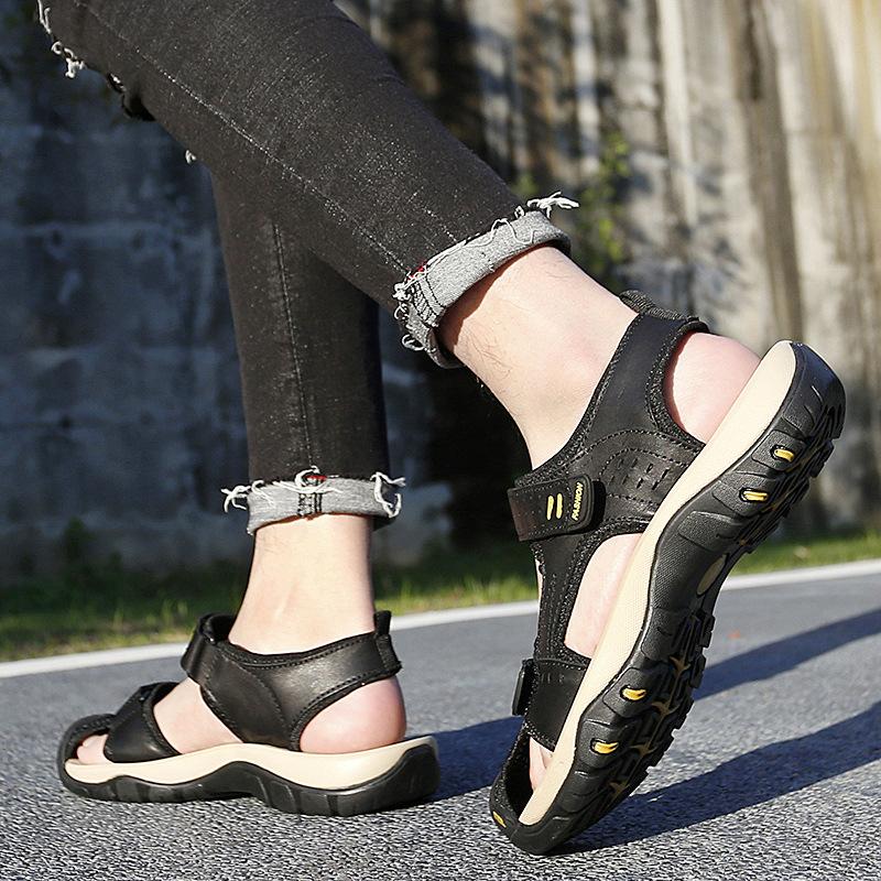 Sandals Men's Summer Outdoor Mountaineering Antiskid Shoe Soft Bottom Leather Waterproof Closed Toe Casual Shoes Mesh Sports Beach Shoes