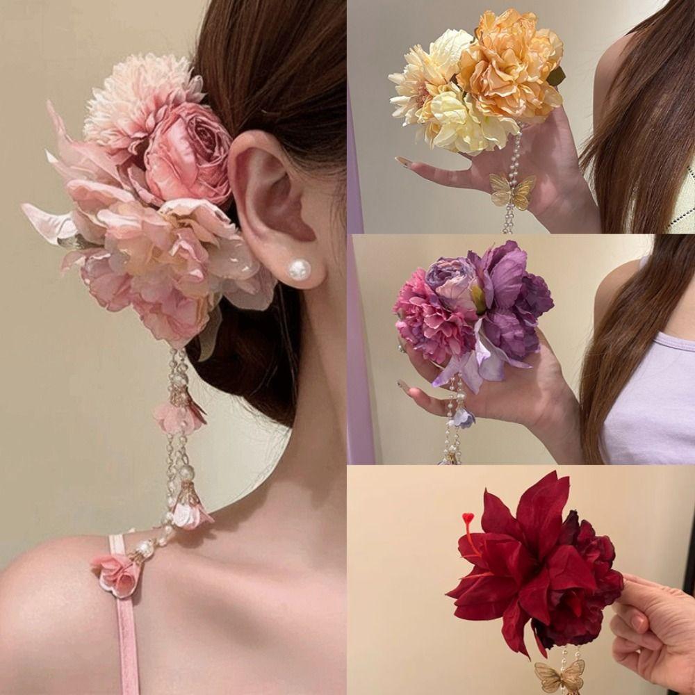 Colorful Headpieces Tassel Hanfu Hair Accessories Pink Floral Hair Clip Flower Hairpin Party Wear