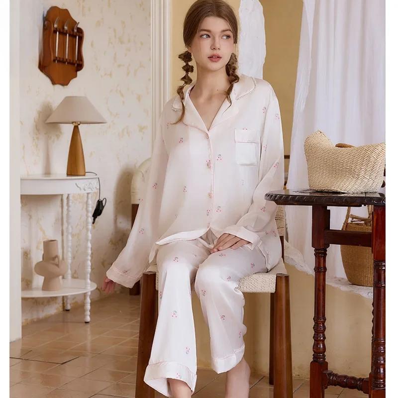 Girly Style Home Clothes Ice Silk Pajamas Women's Long Sleeve Suit Style Design Shell Button