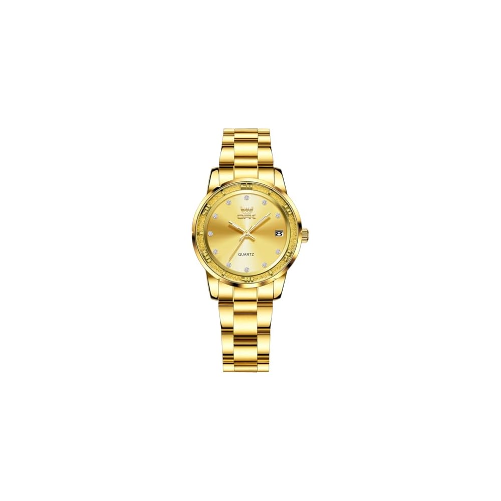 Fashion Women s Analog Round Face Watch with Calendar Gold Quartz Stainless Steel Band