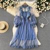 Ladies Dress Three-dimensional Flower Hook Mesh Temperament Stand Collar Lantern Sleeve High Waist Slim Female Dresses