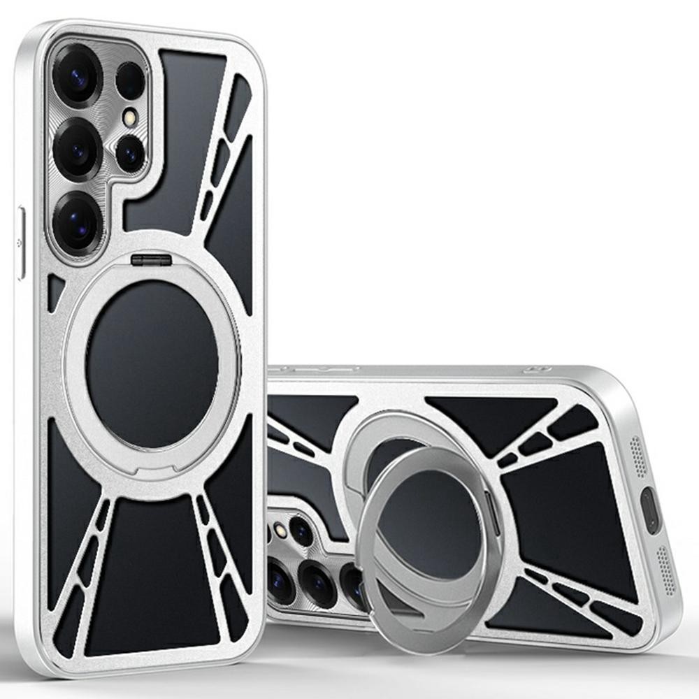 

For Samsung Galaxy S24 Ultra Case Magnetic Kickstand Hollow Heat Dissipation Silicone+PC+Metal Bumper Phone Cover Silver
