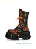 Retro Dark Style Punk Motorcycle Boots Flame Thick-Soled Boots Men/women Rock Boots Lace Up Belt Buckle Mid-Calf Boots