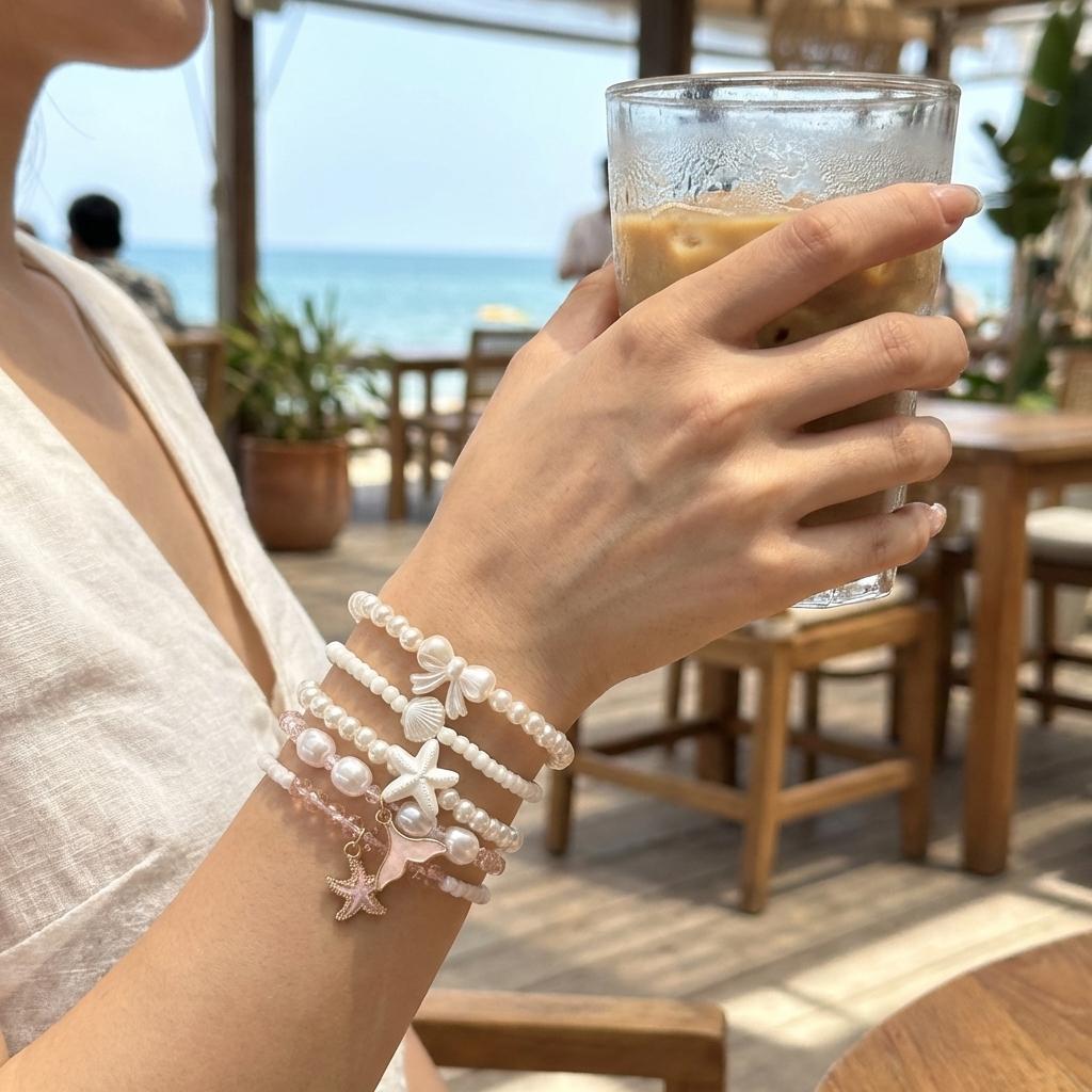 Elegant Mermaid Tail Imitation Pearl Elastic Bracelet Set for Women Cute Bowknot Starfish Shell Bracelets Party Jewelry Gift