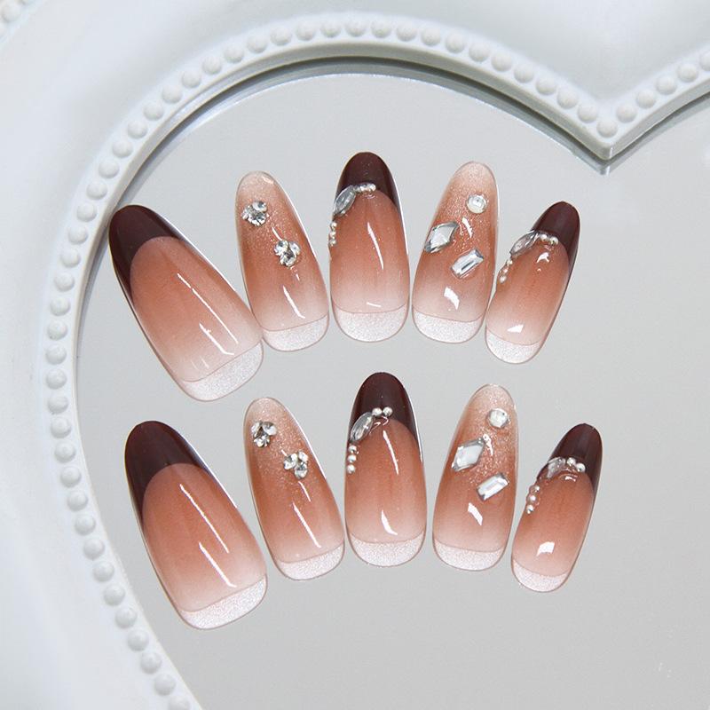 Cat Eye Gradient Blush Press On Nails, French Shiny Diamond Gentle Elegant European American Ins Style Removable Fake Nails 30Pcs