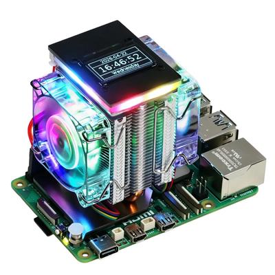 Freenove Aktiver Kühler für Raspberry Pi 5 Kühlkörper, 1 / 2 PWM-Lüfter ARGB-Lichtsynchronisation, OLED-Bildschirm, Mehrere Kühllicht-Modi
