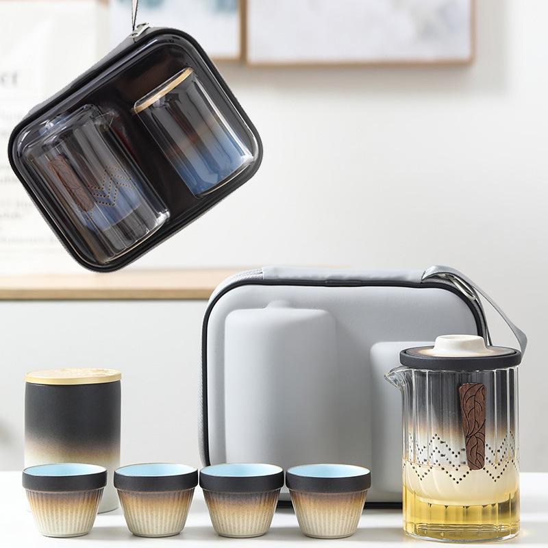 

Travel Kung Fu tea set, gift set, printed glass bubble teapot, portable bag, ceramic express cup, one pot of four cups